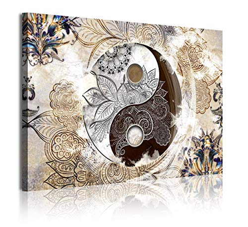 DekoArte 349 - Cuadros Modernos Impresión de Imagen Artística Digitalizada | Lienzo Decorativo Para Tu Salón o Dormitorio | Estilo Ying Yang Abstractos Zen Colores Beig Marrón | 1 Pieza 120 x 80 cm