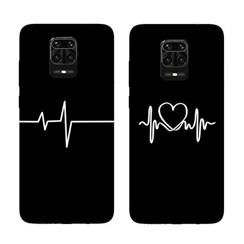 DiaryTown para 2 Pack Negro Funda Xiaomi Redmi Note 9 Pro/Note 9S Silicona Blando, Carcasa Xiaomi Note 9 Pro Funda Resistente Dibujos Gracioso Cover Fina Antigolpes Case, Latidos del corazón del Amor