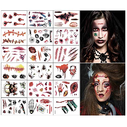 Disfraces de Halloween Tatuajes de zombis, Maquillaje para decoraciones de fiesta de Halloween, Body Scar Stickers para Cosplay 18 hojas (Tatuajes de zombis)