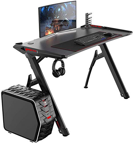 DlandHome Mesa para Juegos Escritorio para computadora de Juegos, Mesa de Juego, con Luces LED, Fibra de Carbono, Gancho para Auriculares & Alfombrilla de ratón - Negro