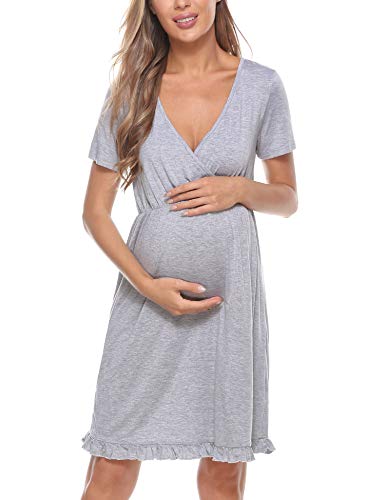 Doaraha Camisón Lactancia Algodón Mujer Ropa de Dormir Premamá Hospital Vestido de Maternidad Embarazo Pijama Embarazadas Camisones Embarazada Manga Corta Suave (B# Gris - Manga Corta, L)