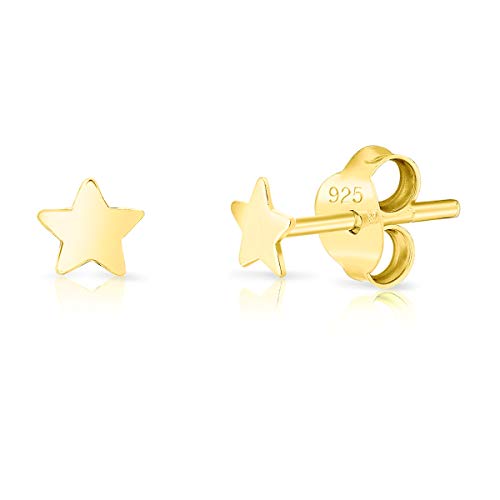 DTPsilver® Aretes/Pendientes Pequeños de Plata de Ley 925 Chapado en Oro Amarillo - Estrella pequeña - Diámetro: 4 mm