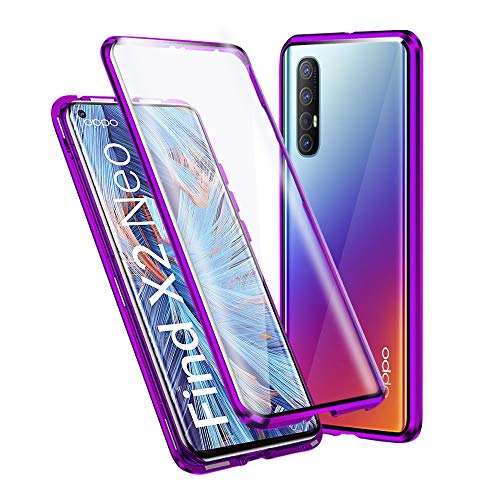 Ellmi Funda para OPPO Find X2 Neo, Adsorción Magnética Parachoques de Metal con 360 Grados Protección Case Cover Transparente Ambos Lados Vidrio Templado Cubierta, Morado