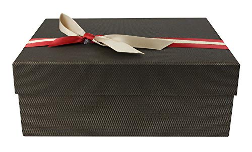 Emartbuy Lujo Rígido Caja de Regalo de Presentación en Forma de Rectángulo, 22 cm x 18 cm x 9.5 cm, Caja Marrón Oscuro Texturizado Con Tapa, Interior Impreso y Cinta Decorativa de Oro Rojo Satinado