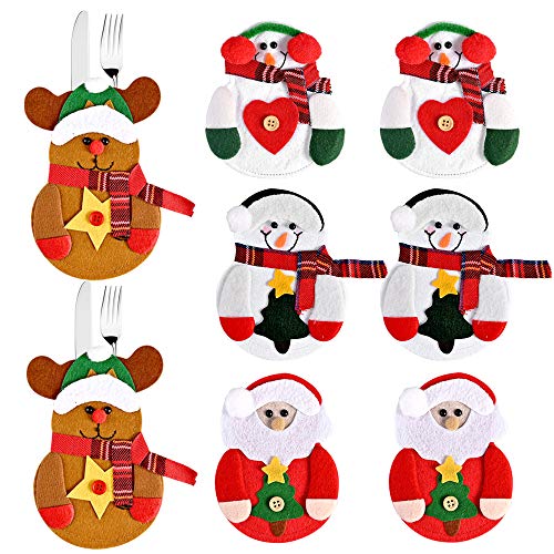 Fabur 8pcs Bolsas para Cubiertos de Navidad, Papa Noel Renos Muñeco de Nieve para Cubiertos, Decoracion de Mesa Adornos Navideños para Cena de la Tabla para sostener Tenedor y Cuchara