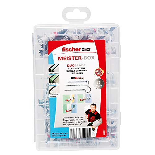 fischer 548857 Meister-Box, práctica Caja de Montaje con 35 DUOBLADE así como Tornillos y Ganchos a Juego, Gris