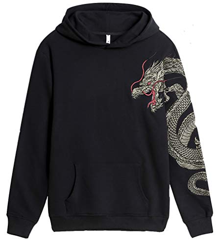 FLYCHEN Hombre Sudadera con Capucha con Bordado Moda China Espiritual Totem Leyenda de Artes Marciales Caual Estilo Negro Unisex - Dragón, M