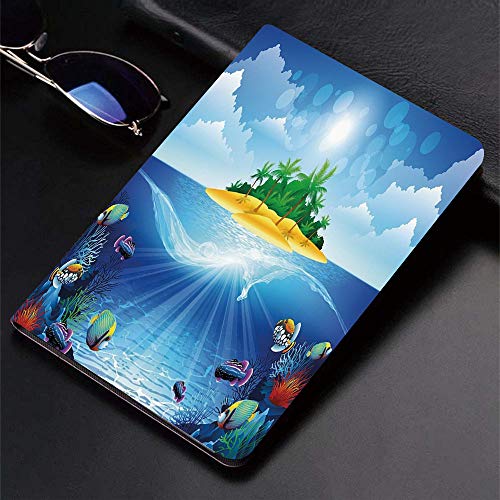 Funda para iPad (9,7 Pulgadas, 2018/2017 Modelo, 6ª / 5ª generación), Acuario, isla tropical desierta con palmeras, varios animales y plantas mari,Slim PU Protectora Carcasa con con Auto-Sueño/Estela