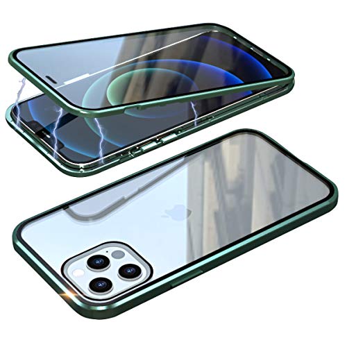 Funda para iPhone 12 iPhone 12 Pro Magnética Carcasa,360 Grados Transparente Case Protector[Doble Cara 9H Vidrio Templado Case][Marco Metal] Ultra-Delgado Anti-choques Estuche,Verde