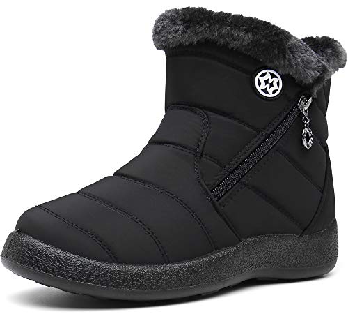 Gaatpot Zapatos Invierno Mujer Botas de Nieve Forradas Zapatillas Botines Planas con Cremallera Negro 36 EU