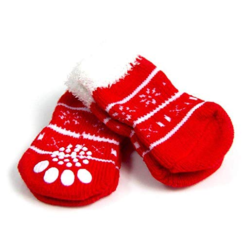 GANE 4 unids/Set Calcetines Rojos para Perros y Mascotas, Calcetines Antideslizantes de algodón cálido para Navidad para Mascotas, Calcetines para Perros y Gatos