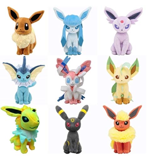 GHJU 9 Piezas de Eeveelution Pokemon Juguetes de Peluche Eevee Glaceon Leafeon Umbreon Espeon Jolteon Vaporeon Flareon Sylveon for los niños Regalo de cumpleaños QingQiao