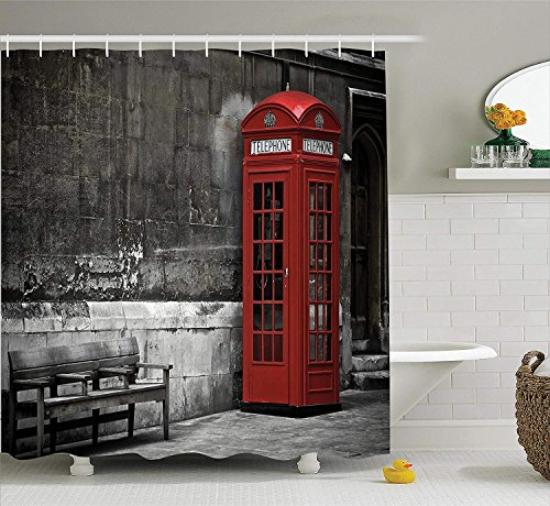 gwegvhvg London Cortina de Ducha Famosa British Phone Boot in London Streets Icono Importante de la Ciudad Urban Life Photo Tela Cuarto de baño decoración Set con Ganchos 180 cm Rojo Gris