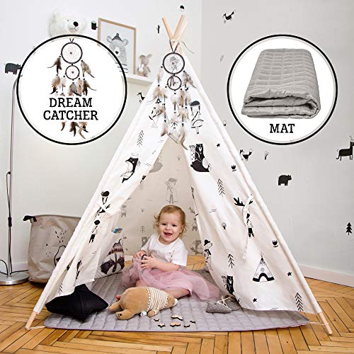 Hakuna Matte Tienda Tipi Infantil con Elegante Diseño Escandinavo- Tipis para Niños Tienda de Juegos Alfombra Acolchada, Atrapasueños, Bolsa de Viaje - 100% Algodón y Postes de Pino, Certificado EN71