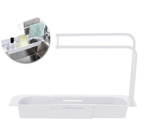 HAVAJ 2021 Estante telescópico multifuncional de cocina, soporte telescópico para fregadero, cesta de drenaje de almacenamiento extensible para el hogar kit de cocina blanco