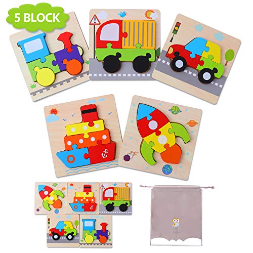 Herefun Puzzles de Madera Juguetes Bebe 1 2 3 años, Tráfico Puzzles 5 Piezas, Rompecabezas Madera Set Montessori niños Inteligencia Juguete, Regalos de Cumpleaños Navidad para niños(5 Pack)