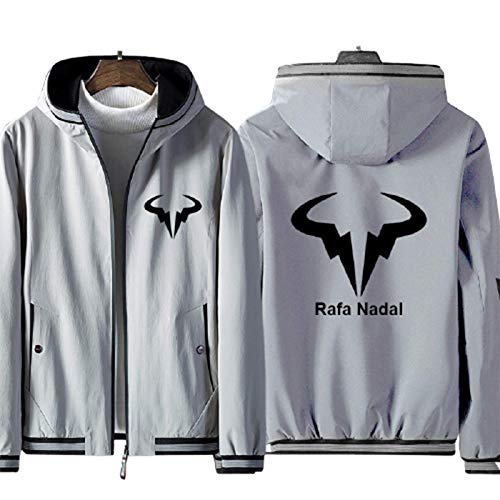 Hombres Sudadera Capucha Estrella de Tenis Impermeable A Prueba de Viento Adolescentes Cremallera Completa Moda Rafa Nadal Chaqueta Rompevientos Talla Grande Patrón Impreso Ropa de Deporte,Gray,XXL