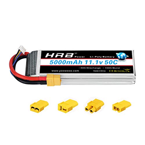 HRB Batería RC LiPo 5000mAh 11.1V 3S 50C XT60 Conector para RC Hobby RC Coche helicóptero avión (Conector XT60 con Adaptador de 4 Piezas)