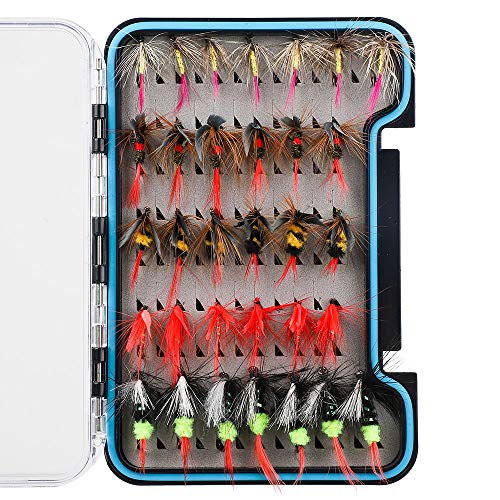 HXC - Juego de 5 moscas de pesca con mosca de acero inoxidable, incluye caja impermeable, 32 unidades