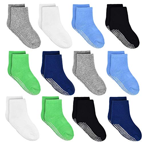 HYCLES Calcetines ABS para niños – 12 pares de calcetines antideslizantes para bebés de 1 a 3 años, color negro, azul marino, blanco, hierba verde, gris claro y azul
