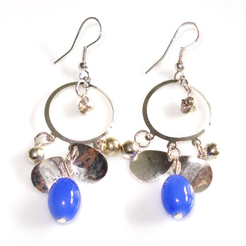 Idin Pendientes de gota – Pendientes de aro de plata con cuentas azules y hojas de gota (longitud: 6 cm aprox.)