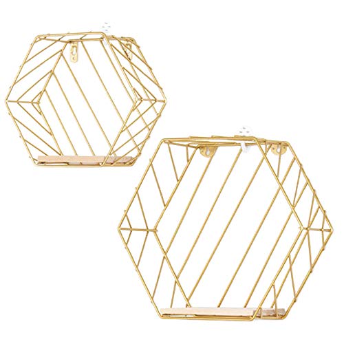 Infinite Node Estantes flotantes, estantes Decorativos montados en la Pared, Alambre de Metal Hexagonal y Madera Pantalla Multiuso y Estante de Almacenamiento para la decoración del hogar (Oro, Raya)