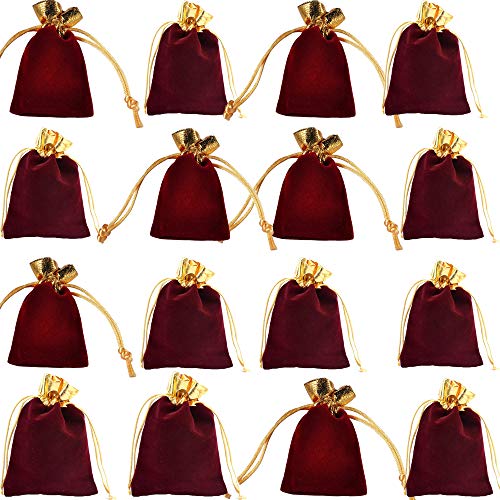 integrity.1 12 Bolsos de Terciopelo para Joyas, Bolsos con Cordón Ajustable, Bolsos de Regalo de Boda para Fiestas Festivas, Bolsito de Terciopelo Dorado de Oreja de Madera (Rojo Vino)