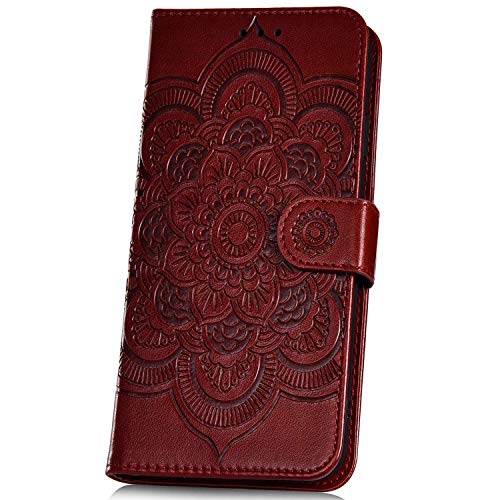 JAWSEU Funda Compatible con Samsung Galaxy A50, Carcasa PU Cuero Flip Libro Billetera Soporte Tapa Funda con Mandala Flores Diseño Cierre Magnético Ranura para Tarjetas Protectora Cubierta,Marrón