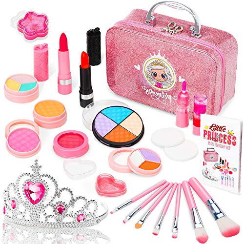 Jojoin 22 piezas Maquillaje Niñas con una Corona, Cosméticos Juguete, Caja de maquillaje, Juguete de Regalo Perfecto para Niña con Sueño de Princesa, Regalos de Cumpleaños y Navidad para Niños