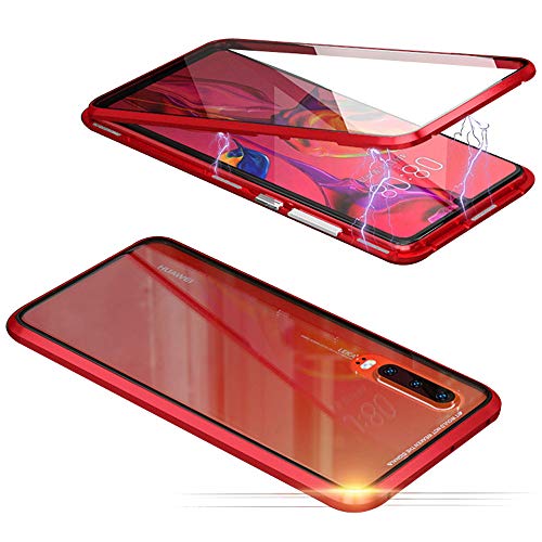 Jonwelsy Funda para Huawei P20 Pro, Adsorción Magnética Parachoques de Metal con 360 Grados Protección Case Cover Transparente Ambos Lados Vidrio Templado Cubierta para Huawei P20 Pro