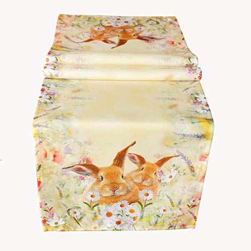 Kamaca Serie de conejos en el campo de las flores, diseño de impresión de alta calidad con dulces conejos llamativos en primavera Pascua (camino de mesa de 40 x 140 cm)