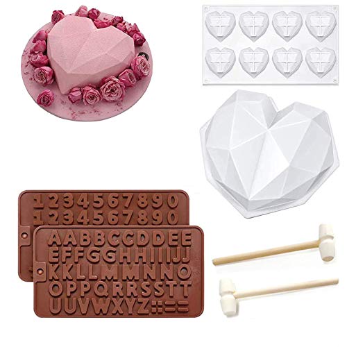 KFGJ Moldes De CorazóN De Diamante Molde De Silicona，Chocolate Moldes De Letras Y NúMeros Martillos para Pastel, ReposteríA, Panecillo, PudíN, Bizcocho Blanco