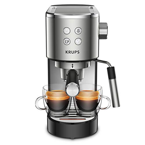 Krups Virtuoso XP442C cafetera espresso, diseño compacto y elegante, capacidad 1.1 L, espresso, cappuccino, sistema Thermoblock, calentamiento rápido, cuchara dosificadora, bandeja calientatazas