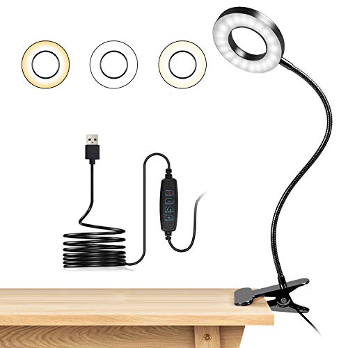 Lampara Lectura con Flexo Pinza 8W LED Luz Lectura escritorio Cuidado Ocular, 3 Modos de Luz y 10 Brillo Ajustable, 360° Flexible USB Regulable Lámpara para Libro, Tablet, Camping (Negro)