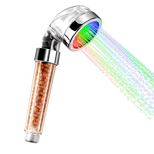 LED Alcachofa Ducha, Zorara Alta Presiòn Cabeza de Ducha de Mano con 3 Cambio de color con la Temperatura, 30% Ahorro de Agua para Baños con filtro de bola mineral