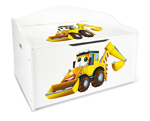 Leomark Caja de Madera XL Banco Blanco con Almacenamiento para Juguetes, Accesorios Baúl de Juguetes Tema: Vehículos de Construcción Excavadora Amarilla, Dim: 68 x 42 x 46 (Alto) cm