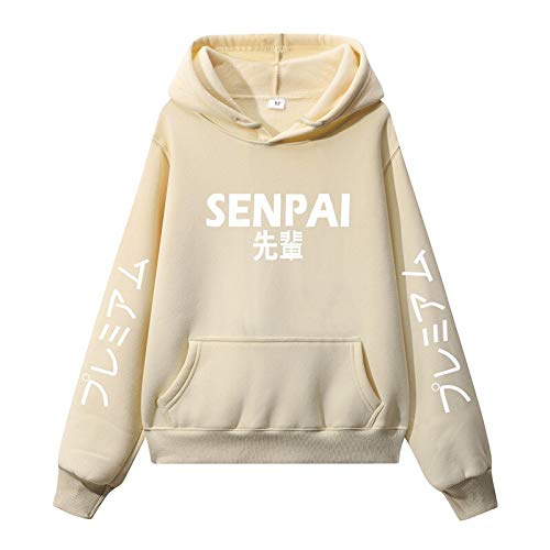 Li Largo Carta de impresión Sudaderas con Capucha Sudadera Mujeres Otoño Invierno Japón Estilo Pockets Harakuju Pullovers Manga Larga Hembra con Capucha Tops (Color : Khaki, Size : Small)