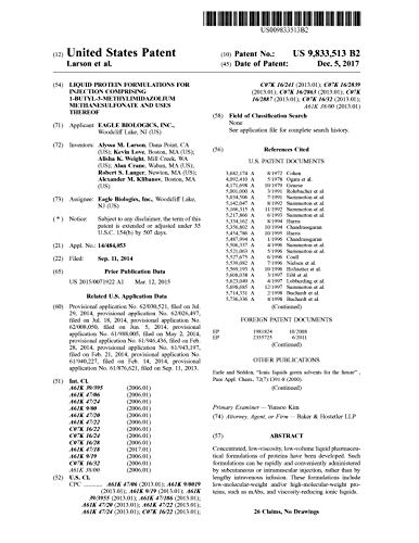 Liquid protein formulations for injection comprising 1-butyl-3-methylimidazolium methanesulfonate and uses thereof: United States Patent 9833513 (English Edition)