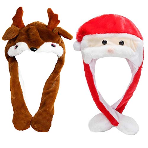 Liuer 2PCS Gorro Navideño para Niño Gorro de Papá Noel de Felpa Suave Oreja Sombrero Oreja Puede Moverse Hacia Gorro de Navidad para Adultos Niño(Papá Noel con Alce)