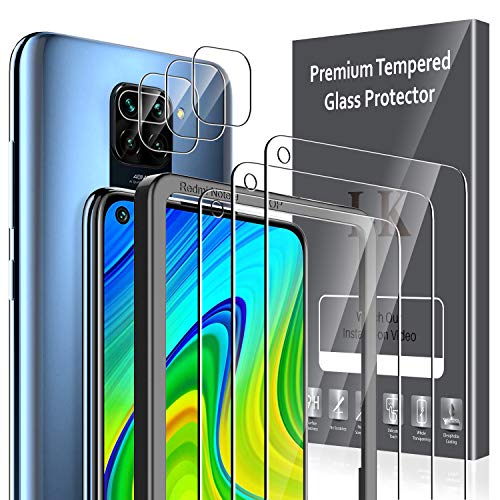 LK 6 Pack Protector de Pantalla Compatible con Xiaomi Redmi Note 9,Contiene 3 Pack Cristal Vidrio Templado y 3 Pack Protector de Lente de cámara, Doble Protección,Marco de Posicionamiento