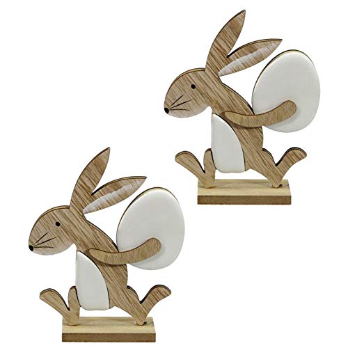 MACOSA CP61830 Conejos decorativos de madera, juego de 2, conejos de Pascua con huevos de Pascua, decoración de mesa, pareja de conejos