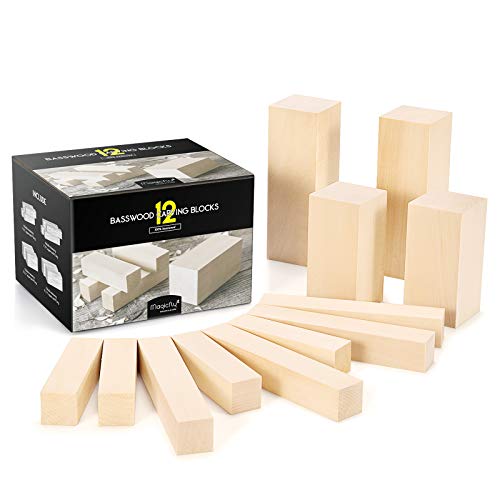 Magicfly Trozos de Madera de Tilo para Tallado, Set de Bloques de Madera Inacabados para Tallar, 12 pcs, 4 Tamaños