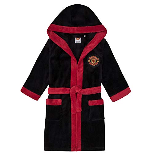 Manchester United FC - Batín Oficial con Capucha - para niño - Forro Polar - Negro - 9-10 años