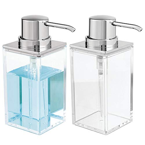 mDesign Juego de 2 dosificadores de jabón recargables – Útil dispensador de jabón líquido de aprox. 300 ml – Elegante dispensador de jabón de manos de plástico para el baño – transparente/plateado