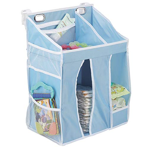 mDesign Mueble organizador infantil – Armario de tela para pañales, polvos de talco, chupetes, juguetes, etc. – Organizador de pared para cuarto infantil con compartimentos – azul claro/blanco