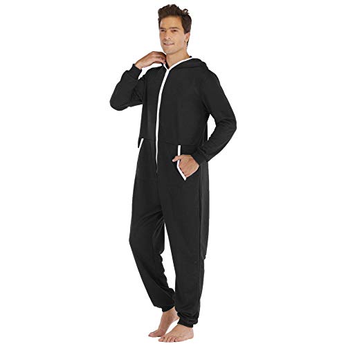 Mens Bodies Full Zip Mono Mono Corto Pijama Todo en uno con Capucha clásico de Deporte del chándal Informal Black-XXL