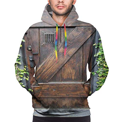 Men's Hoodies 3D Print Pullover Sweatershirt,Small Spanish Style Dark Stained Wood Door Secret Garden with Grated Window Art Picture,S