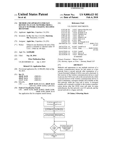 Method and apparatus for fast return to an LTE network from a legacy network utilizing multiple receivers: United States Patent 9888423 (English Edition)