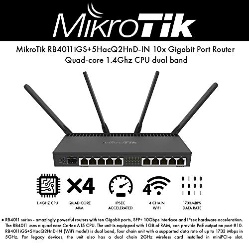 Mikrotik RB4011iGS+5HacQ2HnD-IN - Router doble banda (2.4 GHz/5 GHz, Wi-Fi 5 802.11ac, 1733 Mbit/s, 802.11a,Wi-Fi 5 802.11ac,802.11ad,802.11g, Wi-Fi 4 802.11n, Gigabit Ethernet, 10,100,1000 Mbit/s)