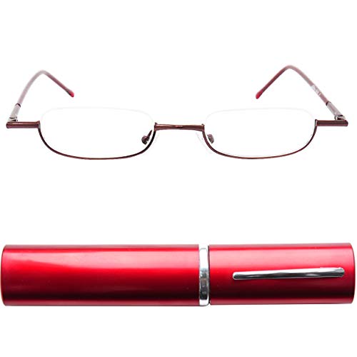 Mini Gafas de Lectura de Media Montura de Metal Ligeras, Montura de Acero Inoxidable (ROjos), Estuche de Aluminio GRATIS, Ayuda Para Leer Para Mujeres y Hombres, Dioptrías +1.5